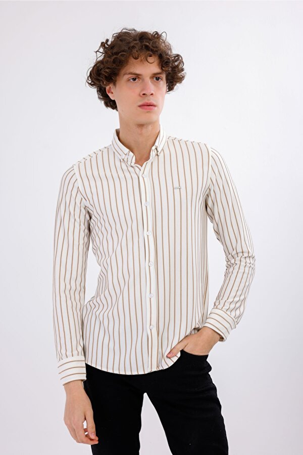 AUDERE Uzun Kollu Çizgili Gömlek - Taba