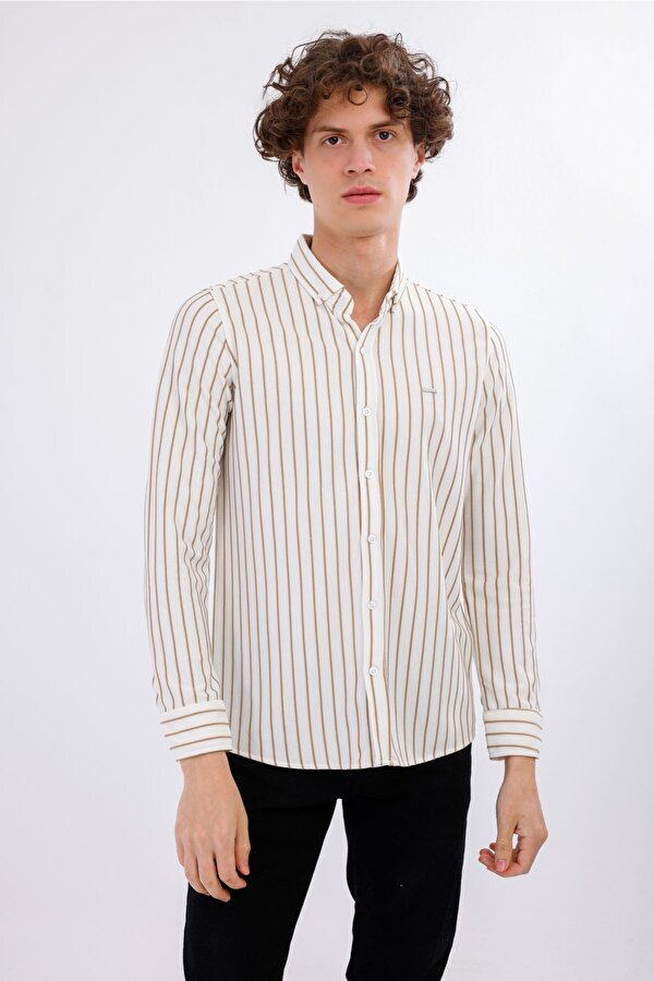 AUDERE Uzun Kollu Çizgili Gömlek - Taba
