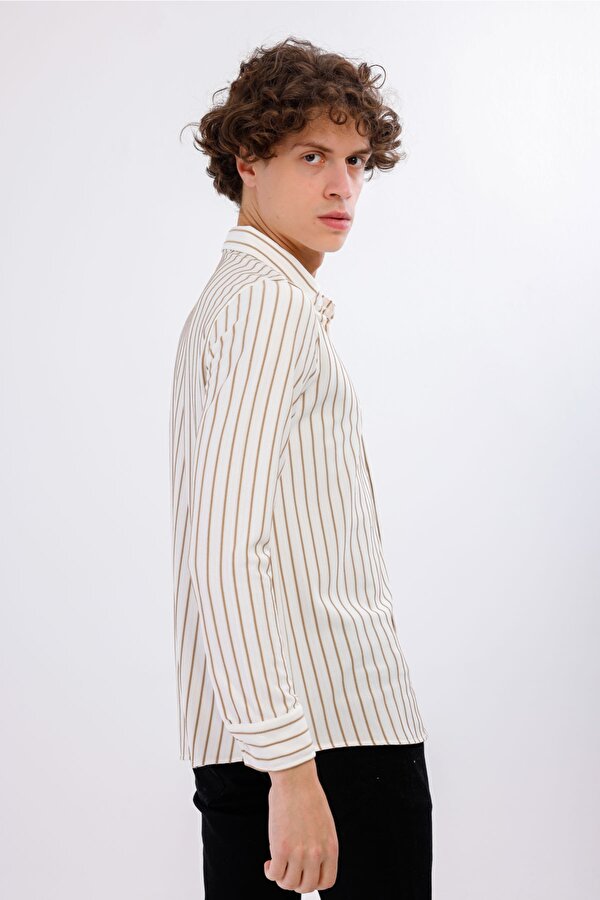 AUDERE Uzun Kollu Çizgili Gömlek - Taba