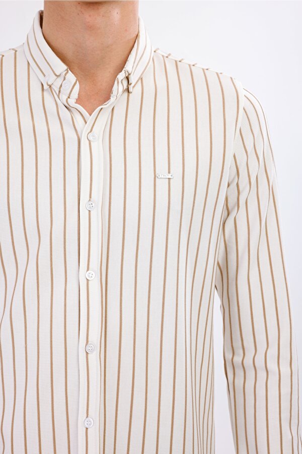 AUDERE Uzun Kollu Çizgili Gömlek - Taba