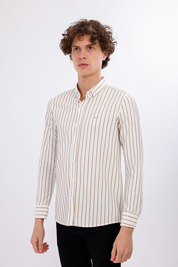 AUDERE Uzun Kollu Çizgili Gömlek - Taba