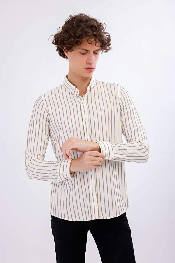 AUDERE Uzun Kollu Çizgili Gömlek - Taba
