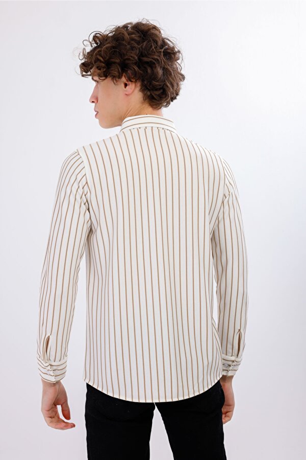 AUDERE Uzun Kollu Çizgili Gömlek - Taba