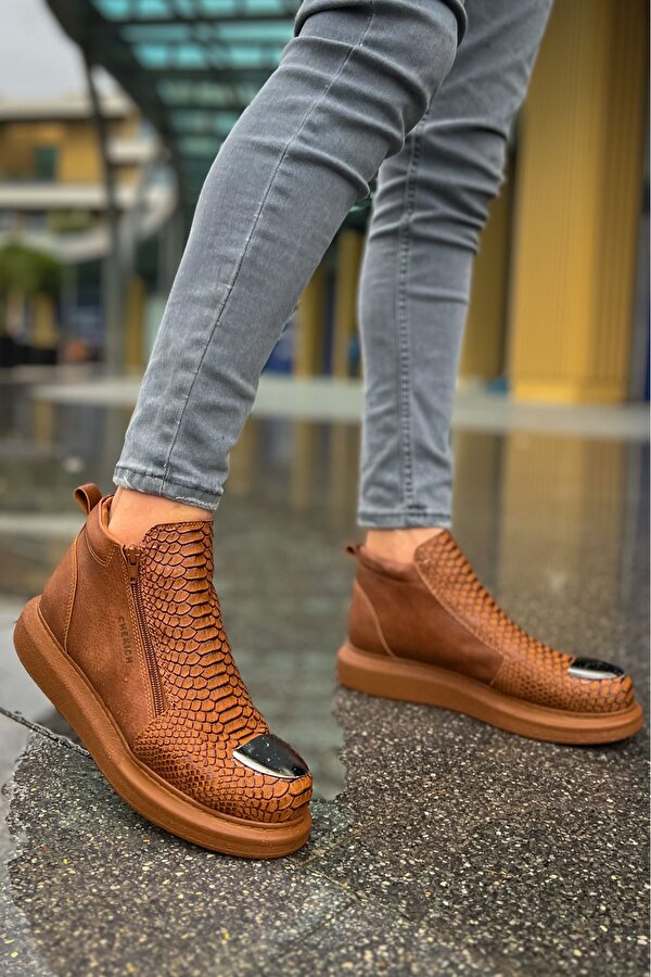 Fermuarlı Erkek Düz Bot Taba