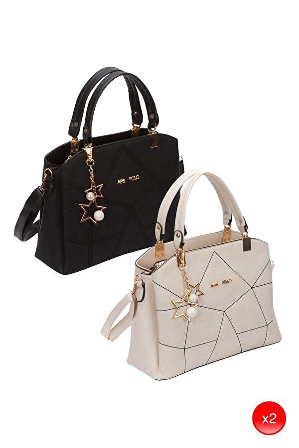 Kadın Butterfly Siyah Ve Krem Charm Detaylı El Ve Omuz Çantası Kol Çantası 2 Adet