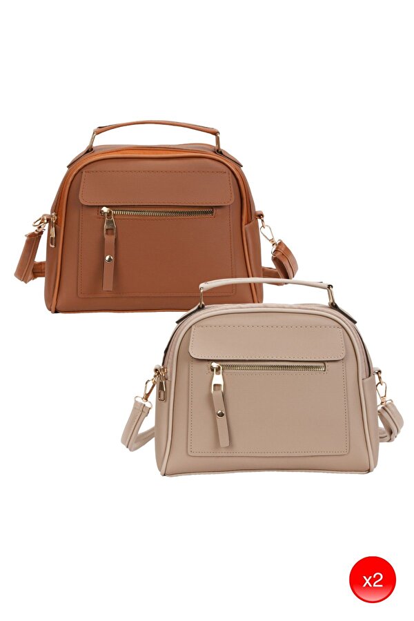 Kadın Günlük Çapraz Askılı Taba ve Vizon El Ve Omuz Çantası 2 Adet