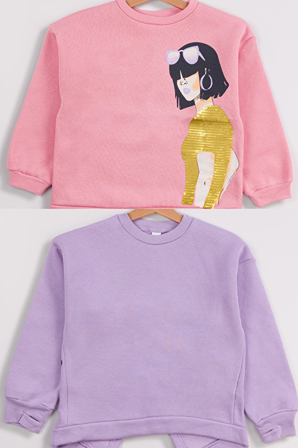 Kız Çocuk Orta Kalınlıkta Baskılı 2 li Paket Sweatshirt