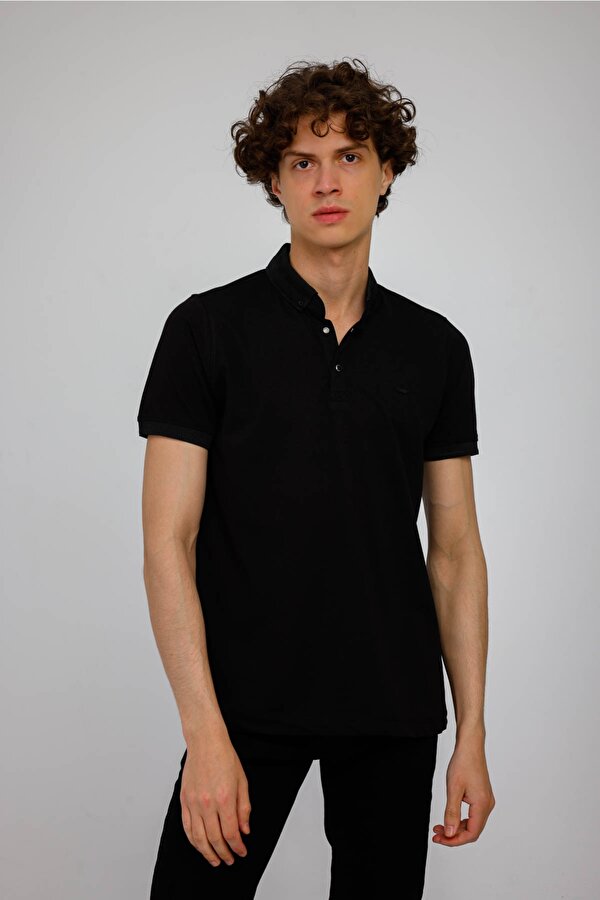 HORIZON Polo Yaka Pamuklu Tişört - Siyah