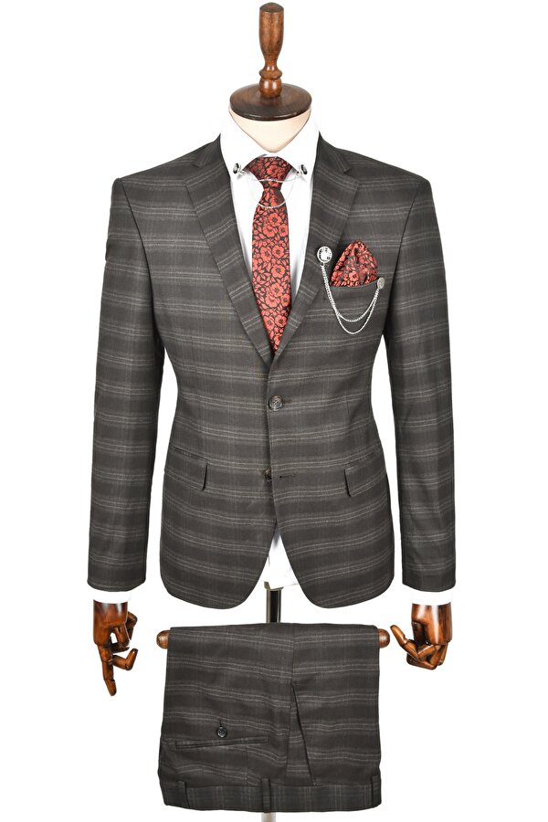 DeepSEA Erkek Antracite Slim Fit Kesim Ekose Desenli Çift Düğme Tek Yırtmaç 2 Li Takım Elbise 2300271