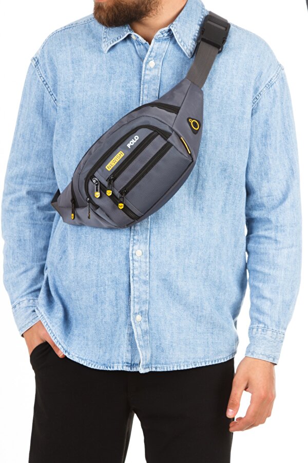 Erkek Gri USB Kulaklık Çıkışlı Crossbody Çapraz Göğüs Omuz ve Bel Çantası new328