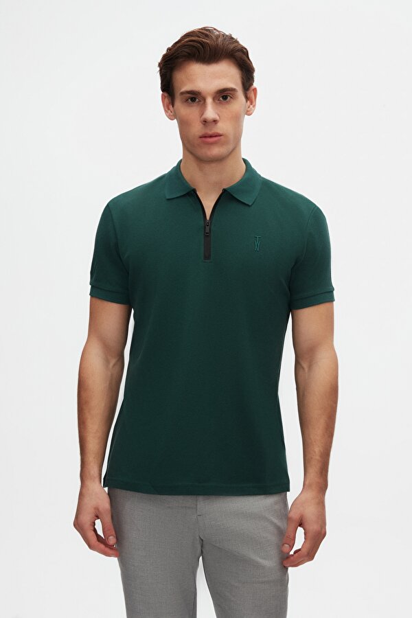 Slim Fit Haki Pike Dokulu Yarım Fermuarlı Polo Yaka T-Shirt