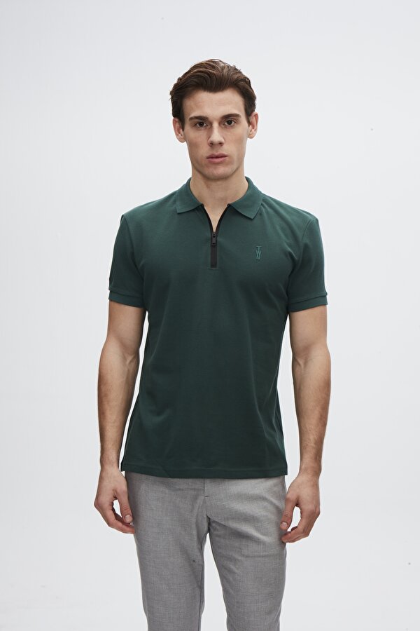 Slim Fit Haki Pike Dokulu Yarım Fermuarlı Polo Yaka Yazlık T-Shirt