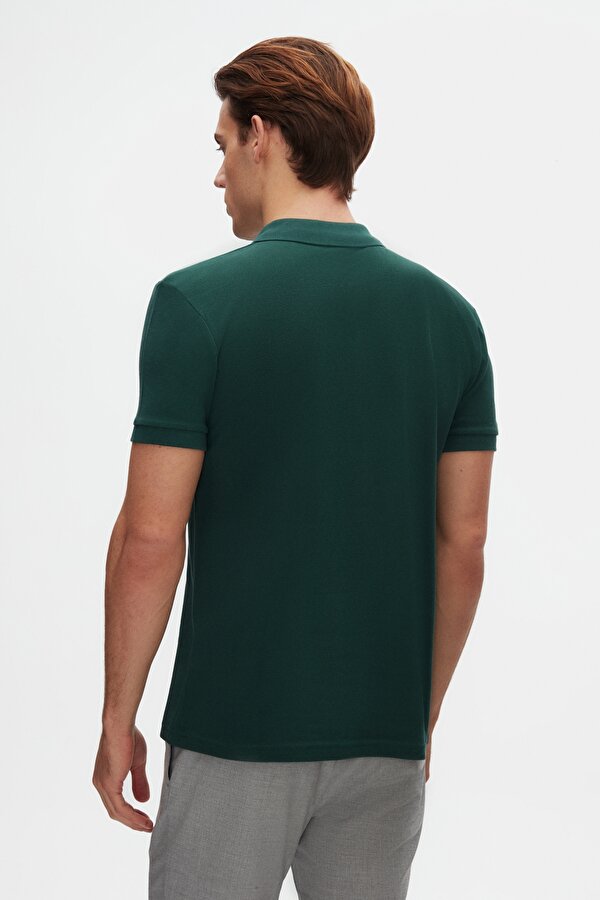 Slim Fit Haki Pike Dokulu Yarım Fermuarlı Polo Yaka Yazlık T-Shirt
