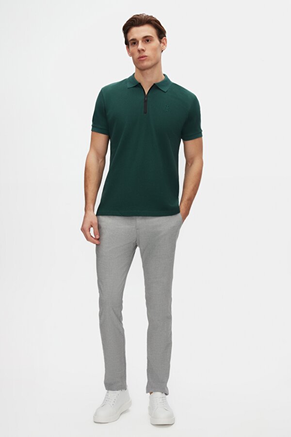 Slim Fit Haki Pike Dokulu Yarım Fermuarlı Polo Yaka Yazlık T-Shirt