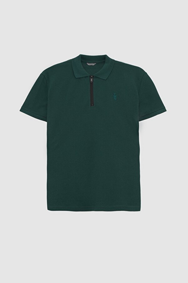 Slim Fit Haki Pike Dokulu Yarım Fermuarlı Polo Yaka Yazlık T-Shirt