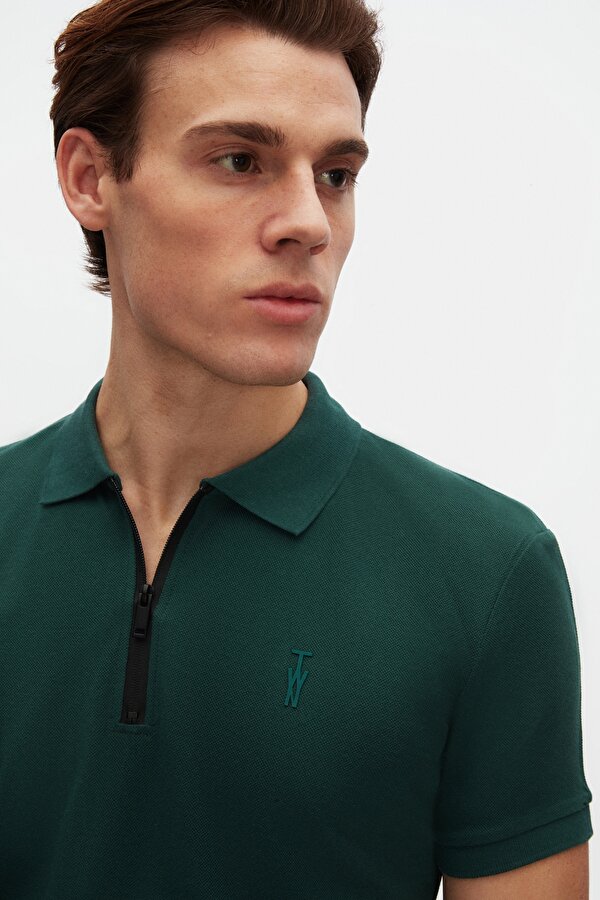 Slim Fit Haki Pike Dokulu Yarım Fermuarlı Polo Yaka Yazlık T-Shirt