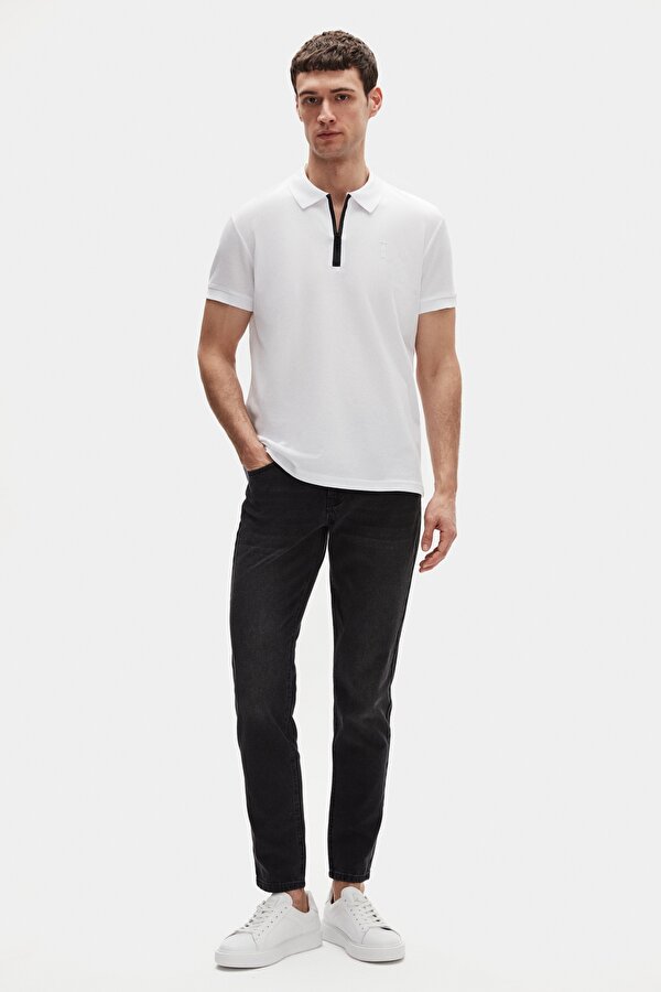 Slim Fit Beyaz Pike Dokulu Yarım Fermuarlı Polo Yaka Yazlık T-Shirt