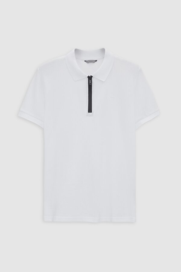 Slim Fit Beyaz Pike Dokulu Yarım Fermuarlı Polo Yaka Yazlık T-Shirt