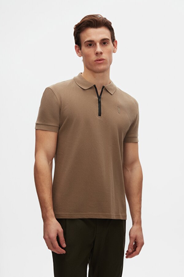 Slim Fit Vizon Pike Dokulu Yarım Fermuarlı Polo Yaka T-Shirt