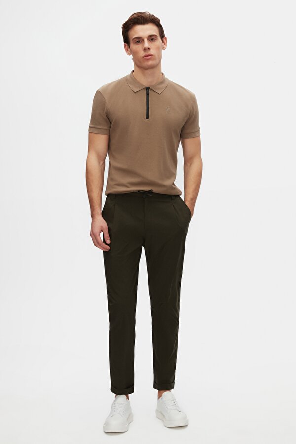 Slim Fit Vizon Pike Dokulu Yarım Fermuarlı Polo Yaka T-Shirt