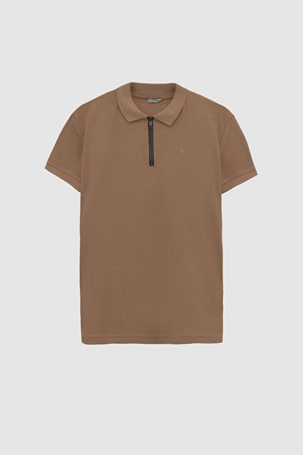 Slim Fit Vizon Pike Dokulu Yarım Fermuarlı Polo Yaka T-Shirt