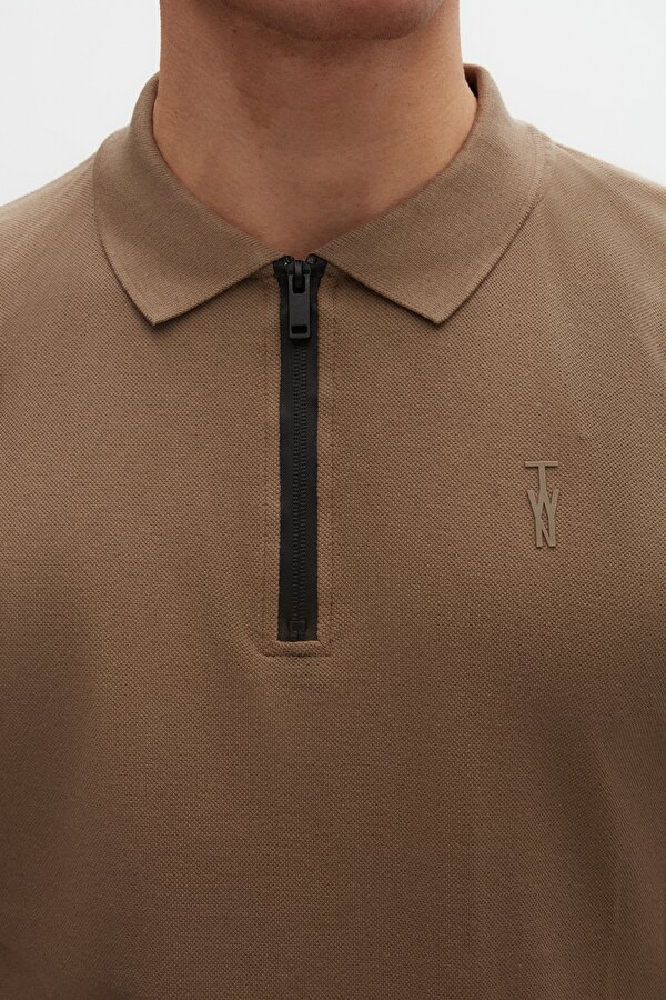 Slim Fit Vizon Pike Dokulu Yarım Fermuarlı Polo Yaka T-Shirt