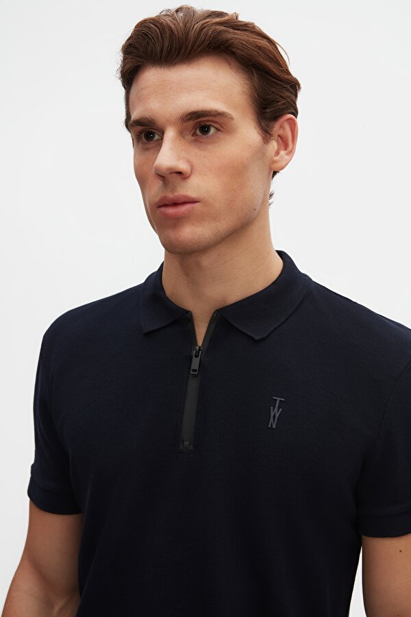 Slim Fit Lacivert Pike Dokulu Yarım Fermuarlı Polo Yaka T-Shirt