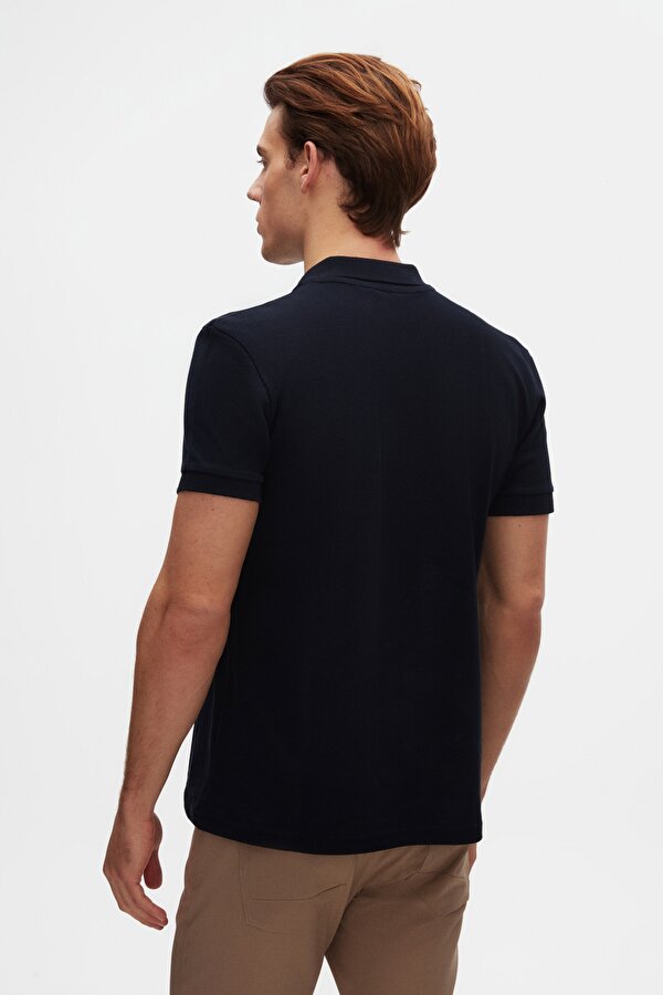 Slim Fit Lacivert Pike Dokulu Yarım Fermuarlı Polo Yaka T-Shirt