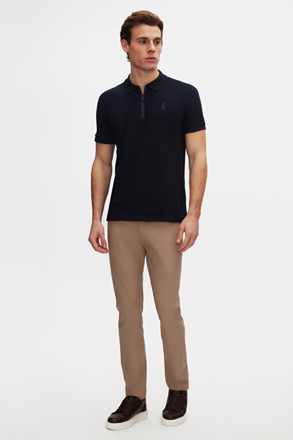 Slim Fit Lacivert Pike Dokulu Yarım Fermuarlı Polo Yaka T-Shirt