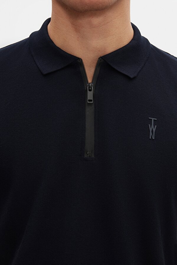 Slim Fit Lacivert Pike Dokulu Yarım Fermuarlı Polo Yaka T-Shirt