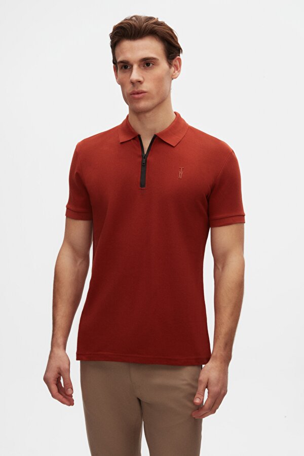Slim Fit Kiremit Pike Dokulu Yarım Fermuarlı Polo Yaka T-Shirt