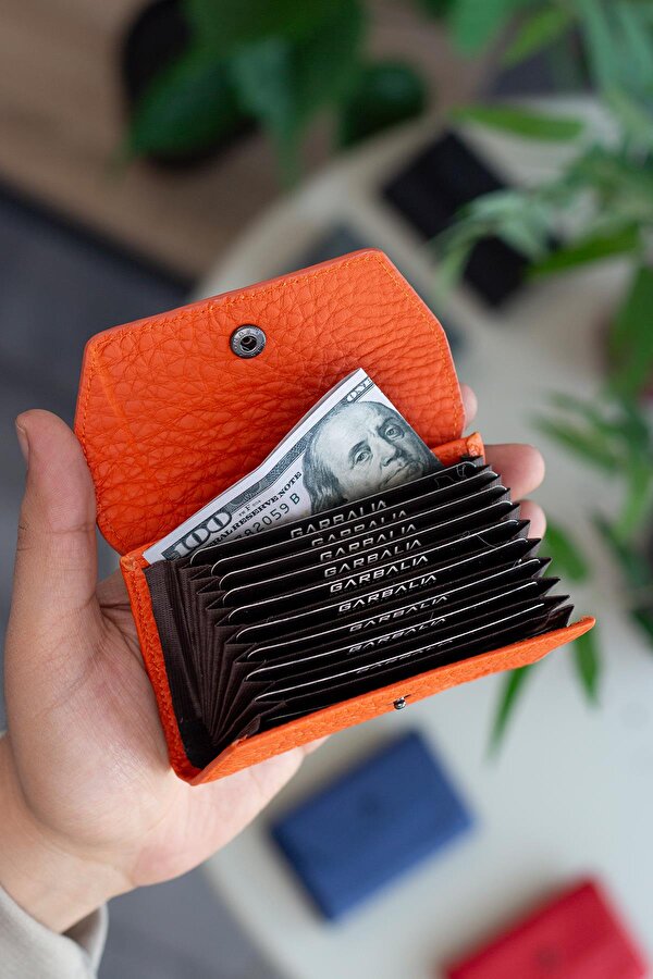 Lucas Hakiki Deri Akordiyon Model Bol Gözlü Unisex Kartlık Turuncu