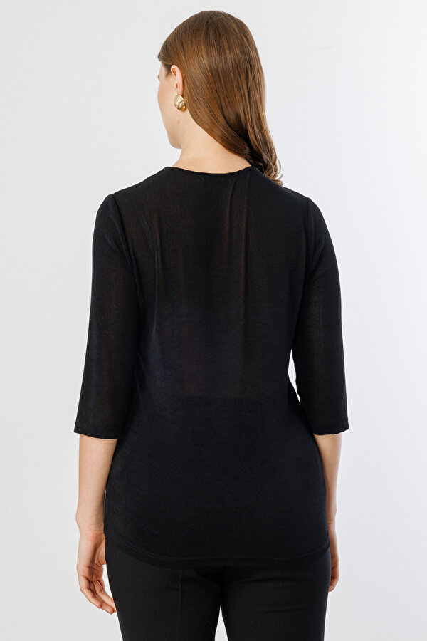 Kadın Büyük Beden Yakası Taşlı Yarım Kollu Bluz 3918 Siyah