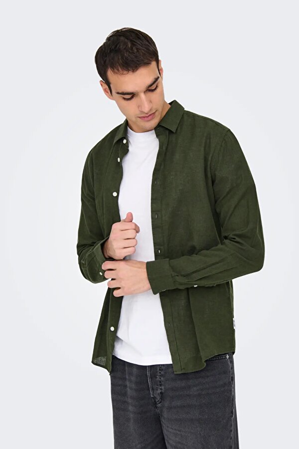 Only & Sons Erkek Onscaiden Slim Fit Keten Gömlek 22012321 Koyu Yeşil