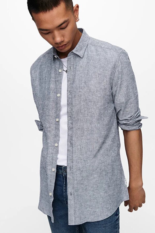 Only & Sons Erkek Onscaiden Slim Fit Keten Gömlek 22012321 Lacivert