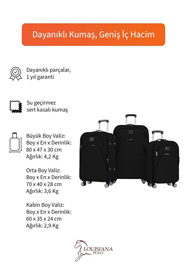 3 lü Valiz Seti 4 Teker Kumaş Valiz Siyah 1081