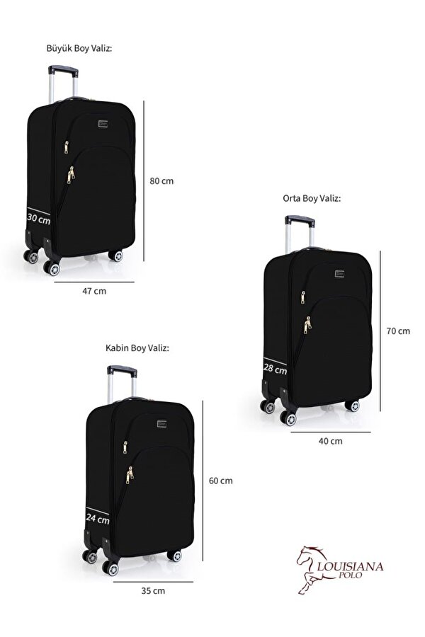 3 lü Valiz Seti 4 Teker Kumaş Valiz Siyah 1081