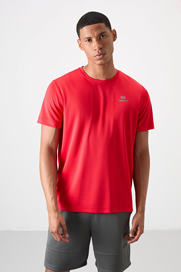 Kırmızı O Yaka Standart Kalıp Logo Desenli Aktif Spor Erkek T-Shirt  - 88255