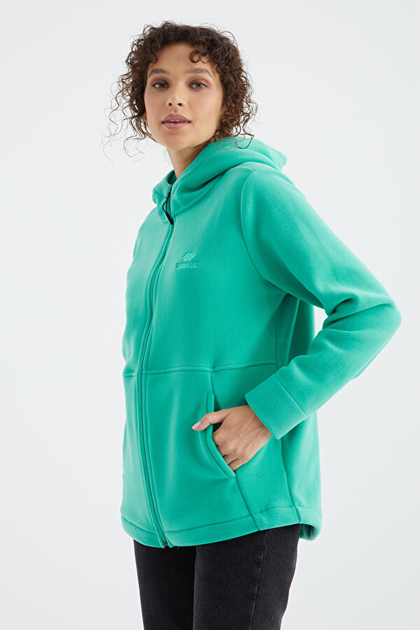Deniz Yeşili Kapüşonlu Fermuarlı Rahat Form Kadın Polar Sweatshirt - 97233