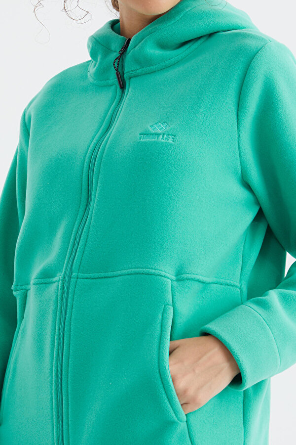 Deniz Yeşili Kapüşonlu Fermuarlı Rahat Form Kadın Polar Sweatshirt - 97233
