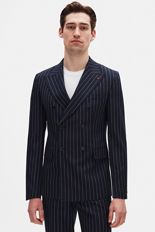 Ds Damat Regular Fit Lacivert Çizgili Kruvaze Takim Elbise