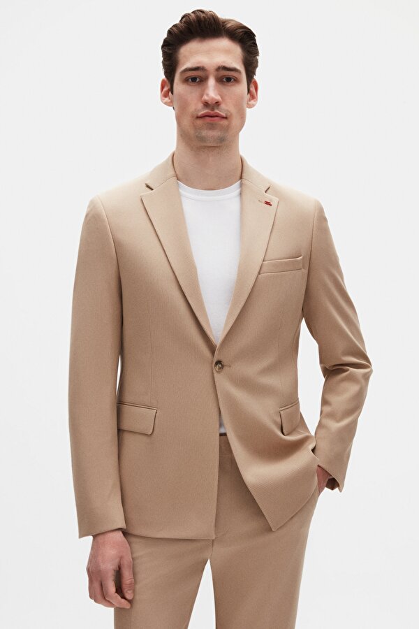 Slim Fit Bej Fitilli Örme Takim Elbise