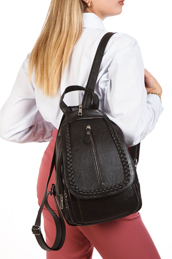 GK66 KADIN SIRT ÇANTASI GÜNLÜK KULLANIMA UYGUN ÖRGÜ MOTİFLİ KAPAKLI ÇANTA SİYAH