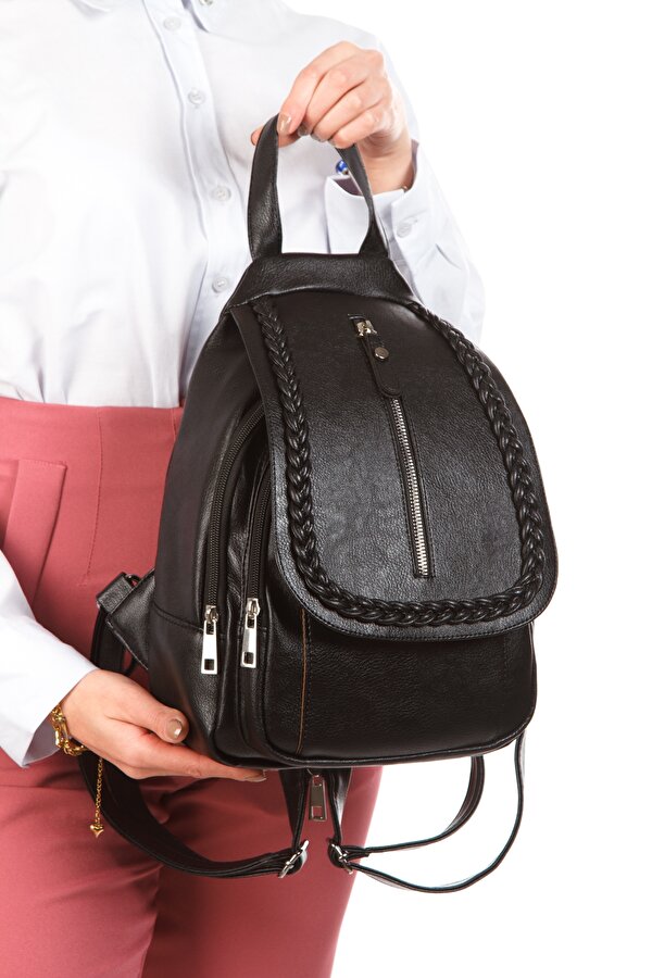 GK66 KADIN SIRT ÇANTASI GÜNLÜK KULLANIMA UYGUN ÖRGÜ MOTİFLİ KAPAKLI ÇANTA SİYAH