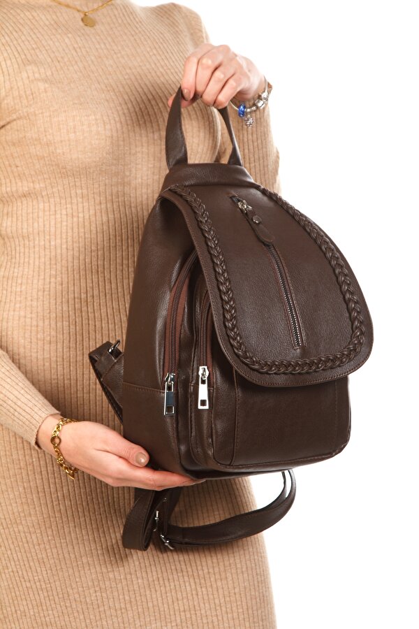 GK66 KADIN SIRT ÇANTASI GÜNLÜK KULLANIMA UYGUN ÖRGÜ MOTİFLİ KAPAKLI ÇANTA KAHVERENGİ