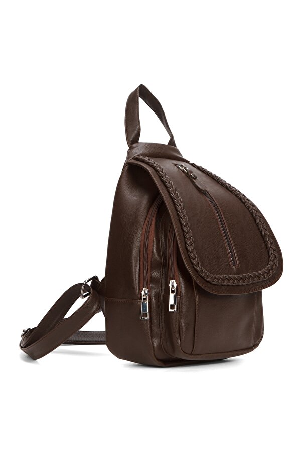 GK66 KADIN SIRT ÇANTASI GÜNLÜK KULLANIMA UYGUN ÖRGÜ MOTİFLİ KAPAKLI ÇANTA KAHVERENGİ