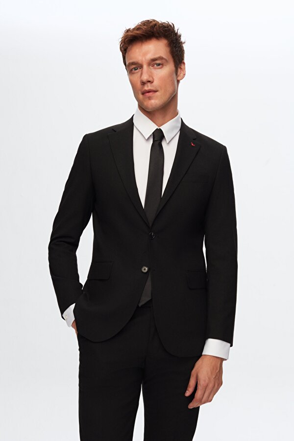 Ds Damat Slim Fit Siyah Düz Likralı Esnek Mono Yaka Çift Yırtmaçlı Astarlı Takim Elbise