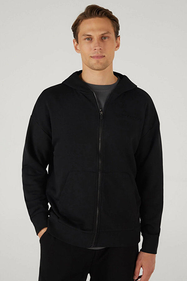 Essential Siyah Erkek Fermuarlı Sweatshirt