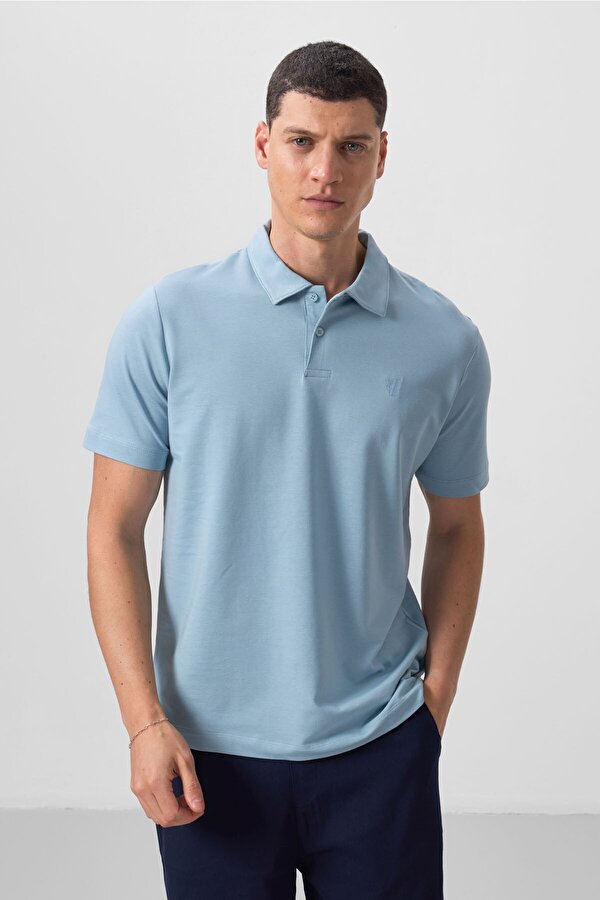 Buz Mavi Basic Göğüs Logolu Standart Kalıp Triko Polo Yaka Erkek T-Shirt - 87768
