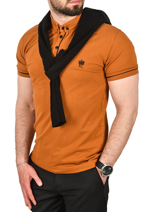 DeepSEA Erkek Taba Slim Fit Dar Kesim Pamuklu Pike Kumaş Polo Yaka Tişört Nefes Alan Kıvrılmaz Polo Yaka Tişört 2503020